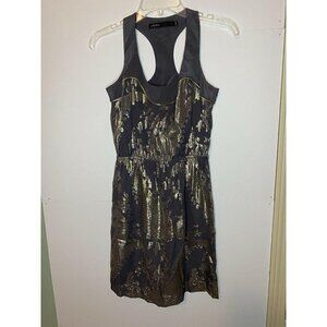 Akiko Womens Racerback Cinch Waist Dress 100% Silk  Grey Gold Overlay Sz X-Small